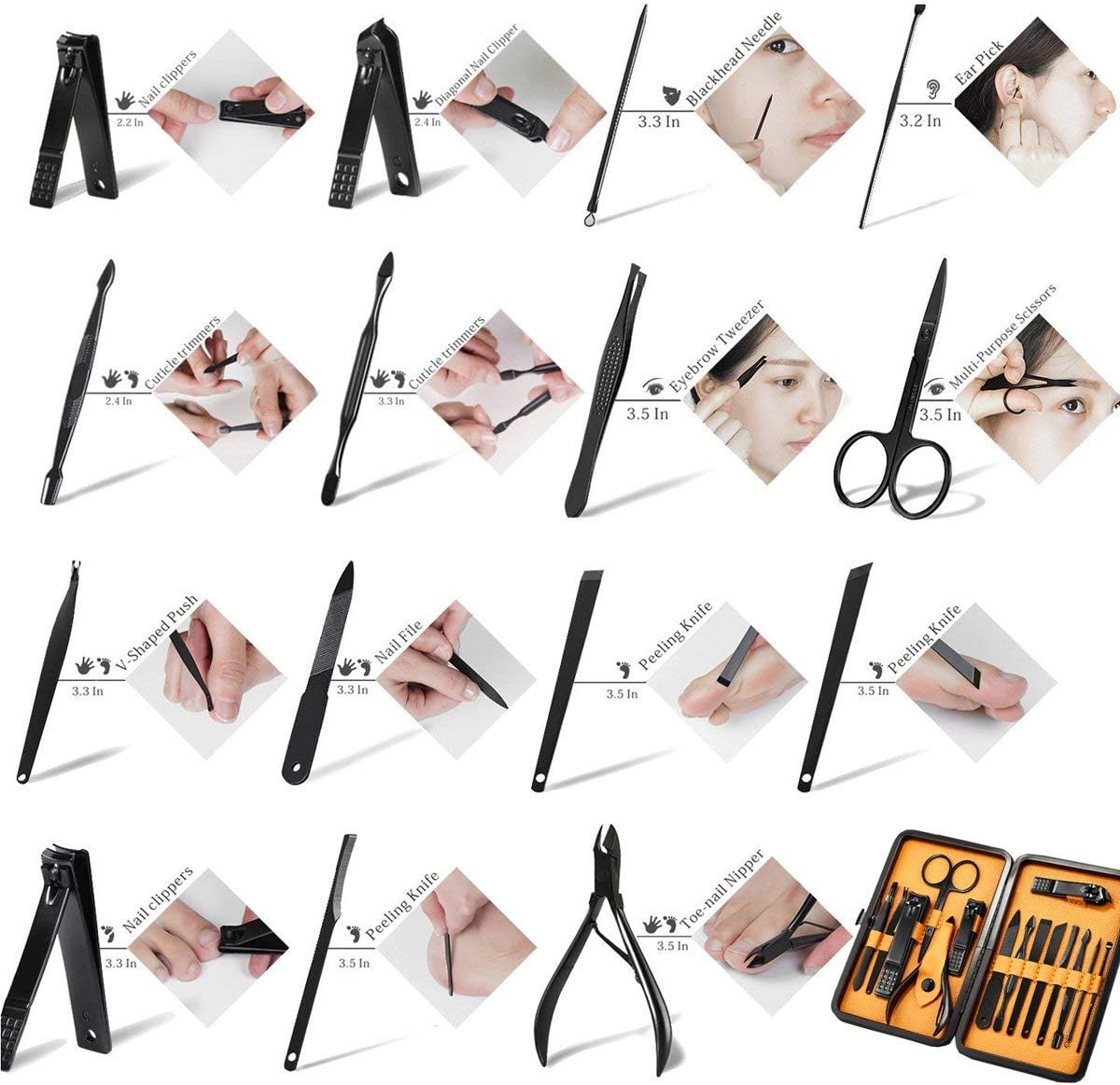 Keiby Citom Professional Stainless Steel Nail Clipper Travel & Grooming Kit Nail Tools Manicure & Pedicure Set of 18pcs with Luxurious Case (Black)