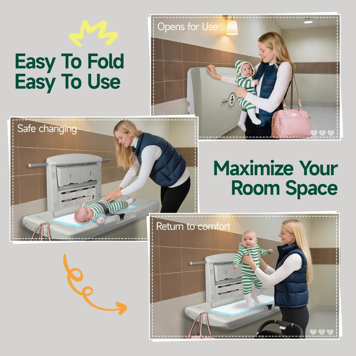 anydry Baby Changing Station Wall-Mounted, Foldable Diaper Changing Table Heavy-Duty Design with Safety Straps for Commercial Bathroom, in Elegant Grayish White