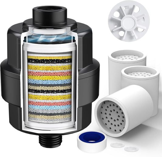 20-Stage Shower Head Filter-Shower Head Filter for Hard Water, with 3 Replaceable Filter Cartridges, High Output Shower Water Filter for Removing Chlorine and Fluoride,Black