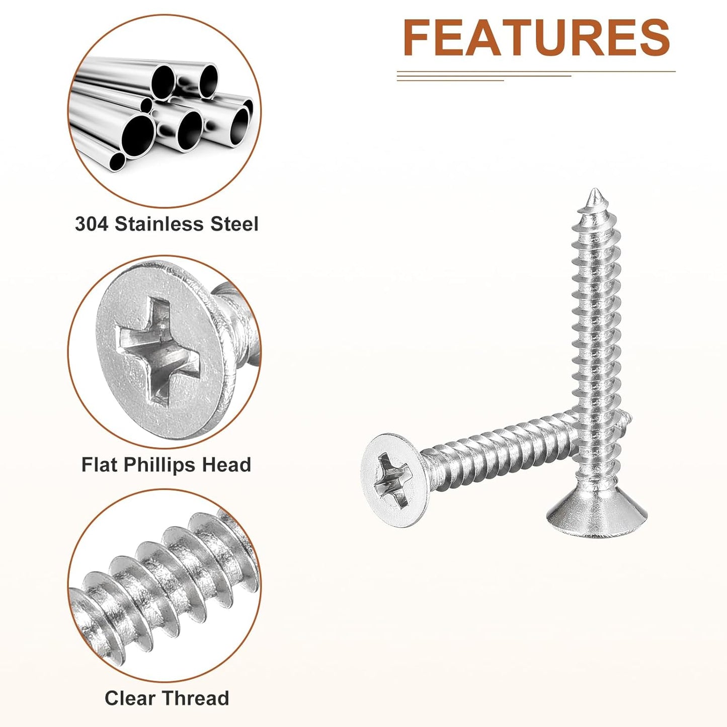 DTGN 100Pcs #6x1/2 Flat Head Wood Screws, 304 Stainless Steel Phillips Self Tapping Screws - Good for Woodworking, Furniture - Silver