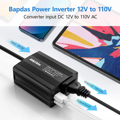 Bapdas 150W Car Power Inverter with 1 DC 12V to 110V AC Outlet Converter and 2 USB Ports Auto Charger Adapter for Laptops and Smartphones-Black