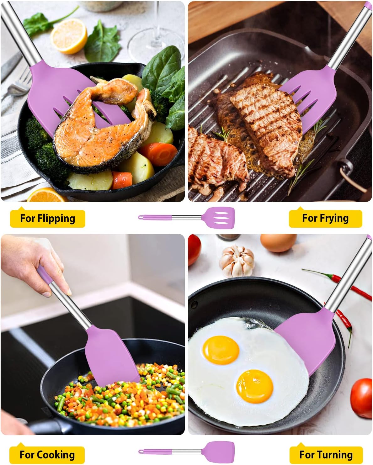 Pack of 2 Silicone Slotted Spatula,Non Stick Solid Kitchen Turner, High Heat Resistant BPA Free Cooking Utensils for Fish, Eggs, Pancakes（Black
