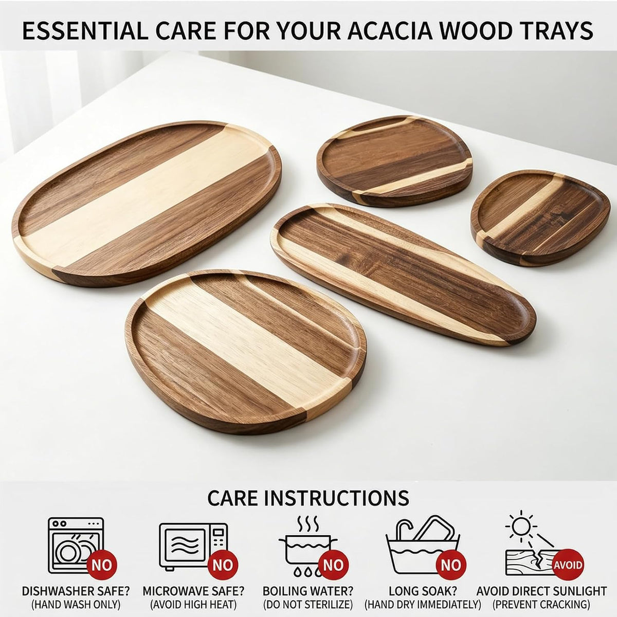 Okllen 5 Pcs Acacia Wood Serving Trays, Irregular Oval Wood Platters (6.3-11.7" L, 5.1-8.2" W), Natural Charcuterie Board for Cheese & Fruit, Rustic Home Decor, Housewarming Gift