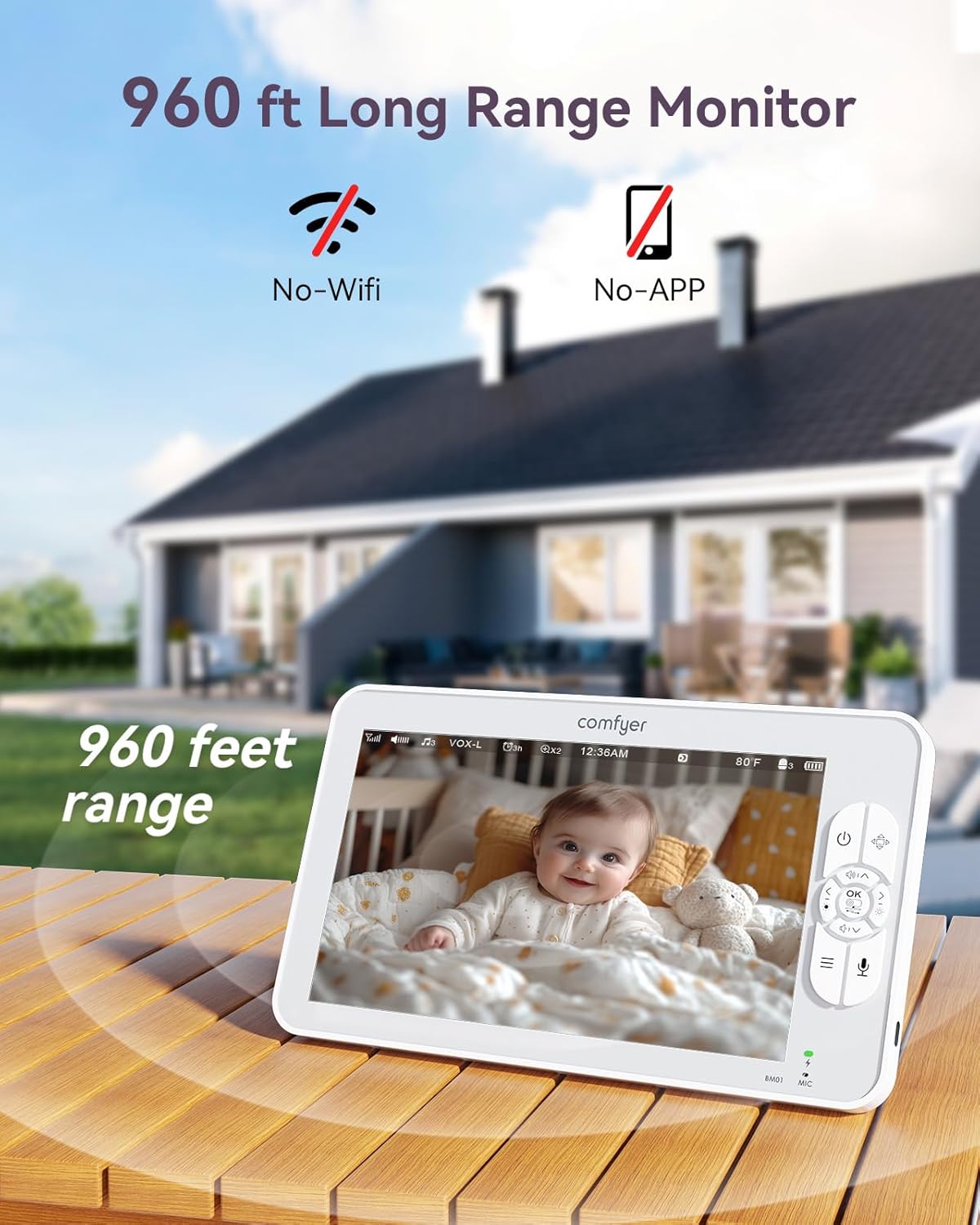 Comfyer 7" HD Split-Screen Baby Monitor with 2 Cameras, Video Baby Monitor with Camera and Audio, Flexible Bracket, Non-WiFi, VOX Mode, 2 Way Audio, Remote PTZ, Auto Night Vision