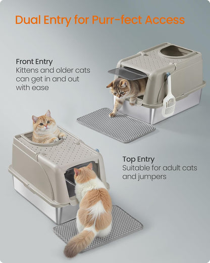 Feandrea Stainless Steel Cat Litter Box with Flip Lid, XL Enclosed Litter Box for Cats up to 15 kg, with Leak-Proof Design, Scoop, Brush, Dual Entry, Cappuccino Beige UPPT005K01