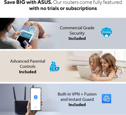 ASUS RT-BE86U BE6800 Dual-Band WiFi 7 Router, Supports 4096-QAM, MLO, AI WAN Detection, AiMesh, Subscription-Free Network Security, and Comprehensive VPN Features, Guest Network Pro, Gaming