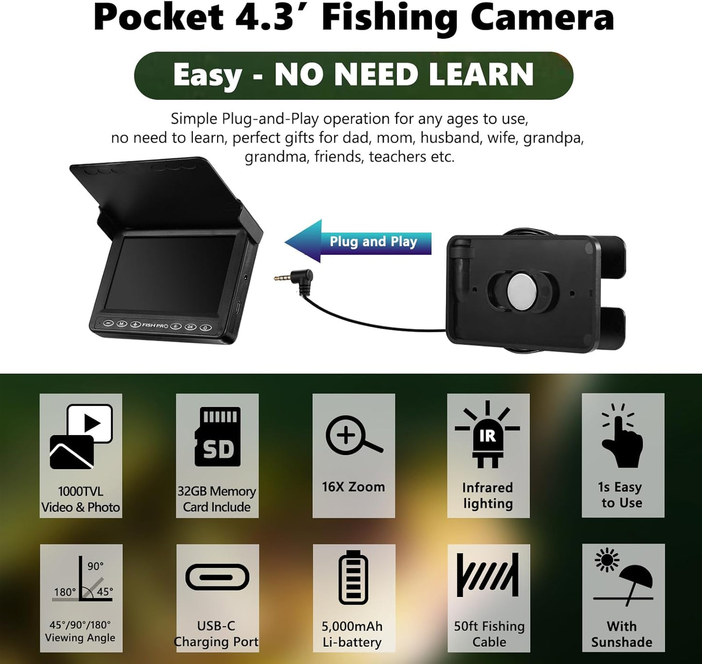 2026 Underwater Fishing Camera - FishPRO® 4.3'' 5,000mAh, (NO Need Learn) Ice Fishing Camera Fish Finder Gift for Men, 3-Grade IR, USB-C, 1000TVL, 50ft Cable, (Easy to Use for Any Age) Ice Fish Camera