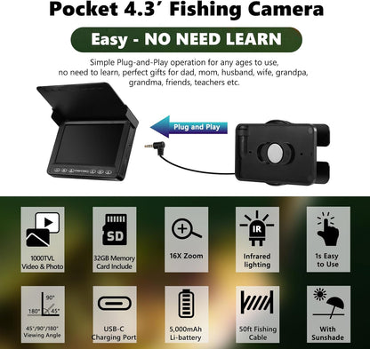 2026 Underwater Fishing Camera - FishPRO® 4.3'' 5,000mAh, (NO Need Learn) Ice Fishing Camera Fish Finder Gift for Men, 3-Grade IR, USB-C, 1000TVL, 50ft Cable, (Easy to Use for Any Age) Ice Fish Camera