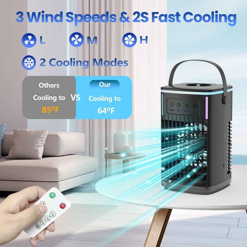 Portable Air Conditioners Fan with Remote, 4-in-1 Portable AC with 1500ml Water Tank, 3 Wind Speeds, 6H Timer, 2 Cool Mist, 7 Lights, Personal Mini Air Conditioner for Room Bedroom Office (Black)