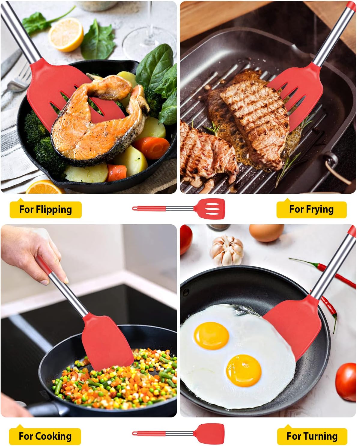 Pack of 2 Silicone Slotted Spatula,Non Stick Solid Kitchen Turner, High Heat Resistant BPA Free Cooking Utensils for Fish, Eggs, Pancakes（Black
