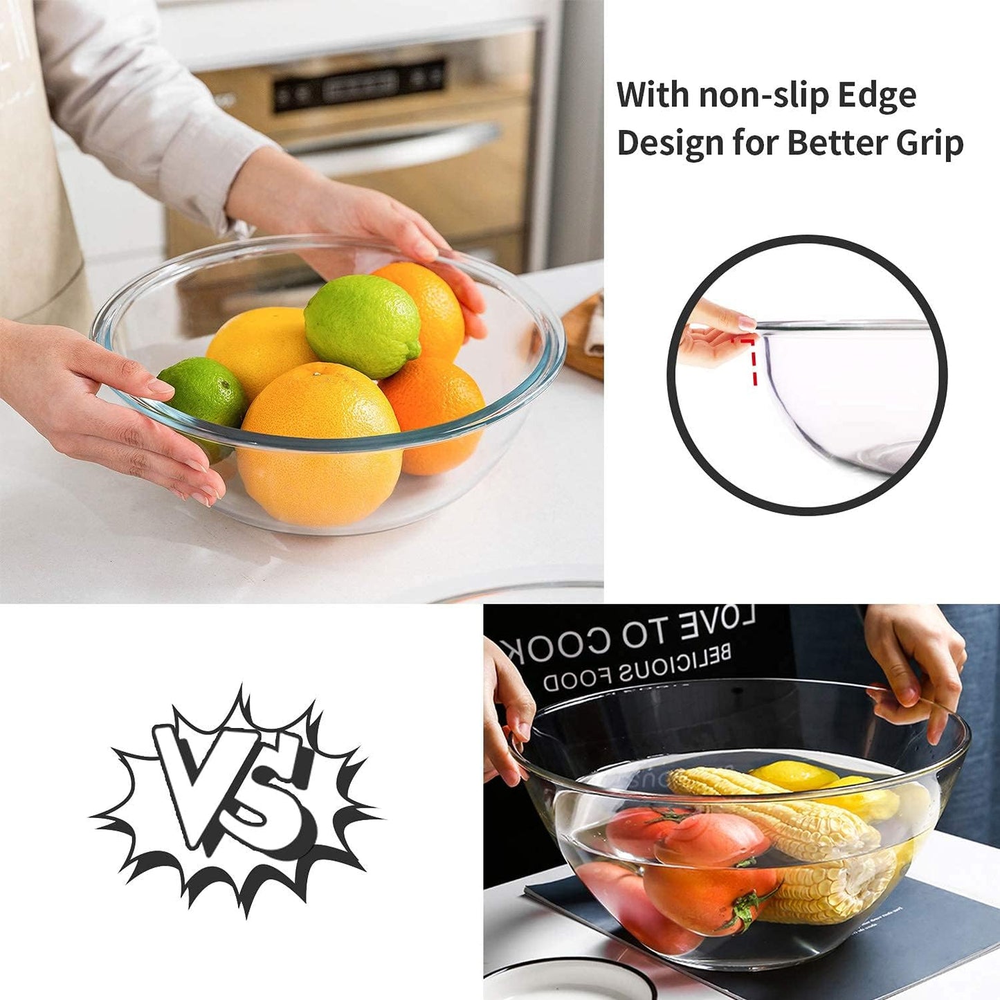 Luvan Glass Mixing Bowl Set of 4 (3.7QT,2.5QT,1.5QT,1QT),Large Salad Bowl with Lids,Kitchen Nesting Bowls for Baking and Cooking,Prep, BPA Free Plastic Lids,Microwave,Oven