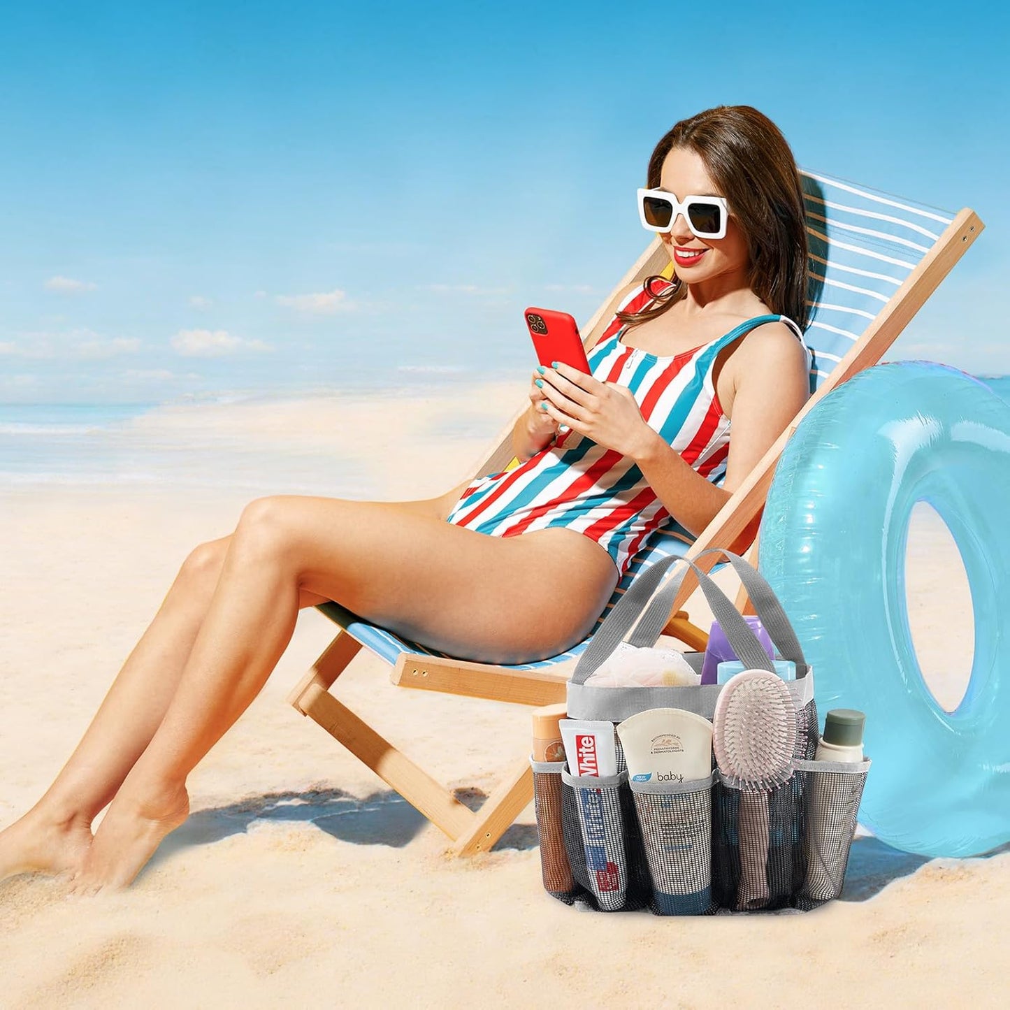 Lifewit Mesh Shower Caddy Freestanding Portable Shower Tote Bag for College Dorm, Bathroom, Gym, Travel, Quick Dry Hanging Shower Organizer with 7 Storage Pockets for Toiletry Essentials, Medium,Black