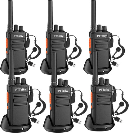 PTTalky FR1 Walkie Talkies with 6-Way Charger, Long Range Walkie Talkies, USB-C Charging, VOX, with Earpieces, 2 Way Radios for Business School Warehouse