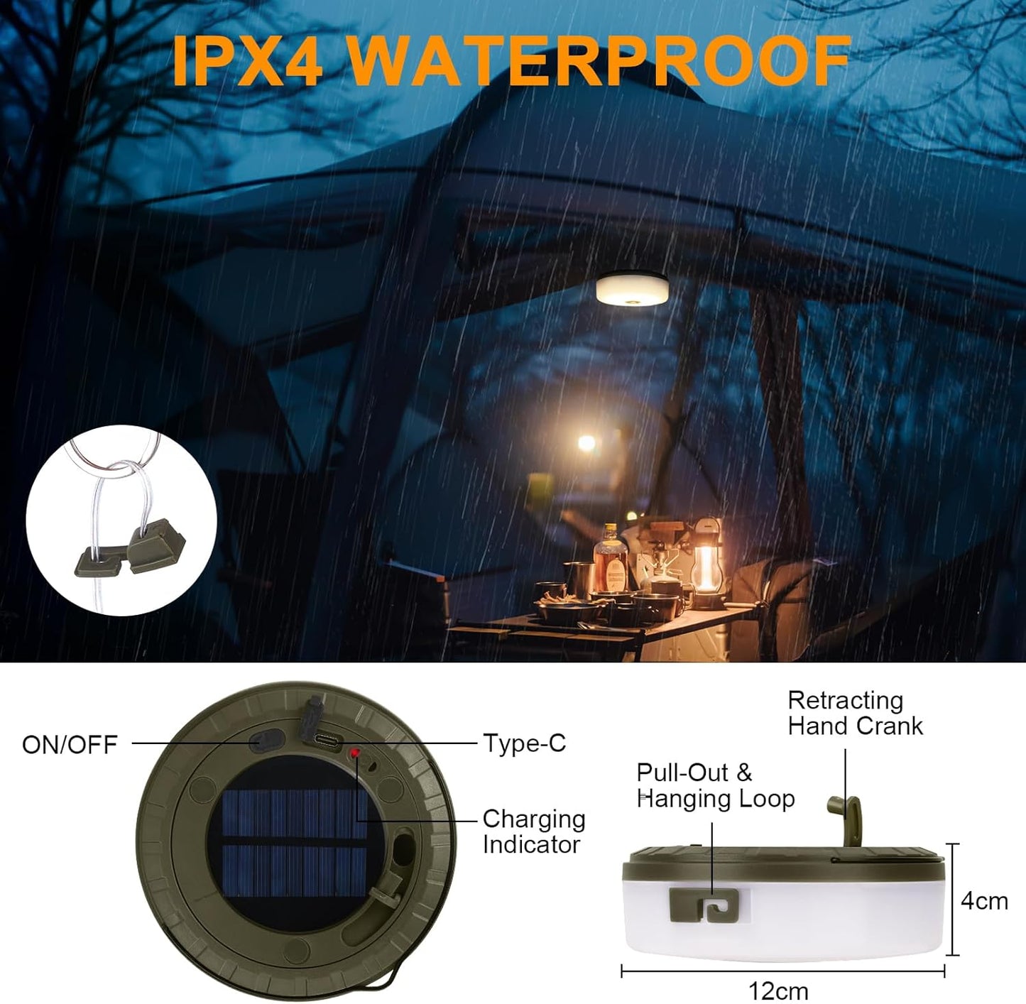 RISEMART Camping String Lights Retractable 33FT, Camping Lights with Solar Charging Waterproof Rollable String Lights Outdoor with 5 Lighting Modes for Tent Hiking Yard Party Festival Decoration