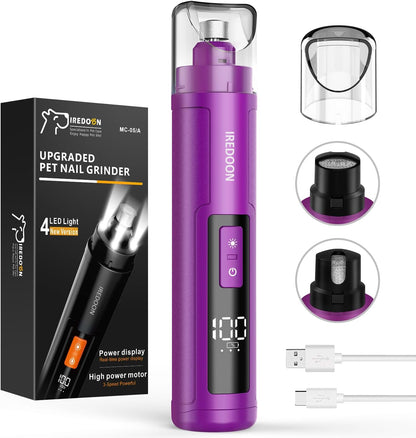 IREDOON Dog Nail Grinder Upgraded - Professional 3-Speed Super Quiet and Low Vibration Electric Pet Nail Grinder with 4 LED Lights - Painless Paws Grooming & Smoothing for Small to Large Dogs (Purple)