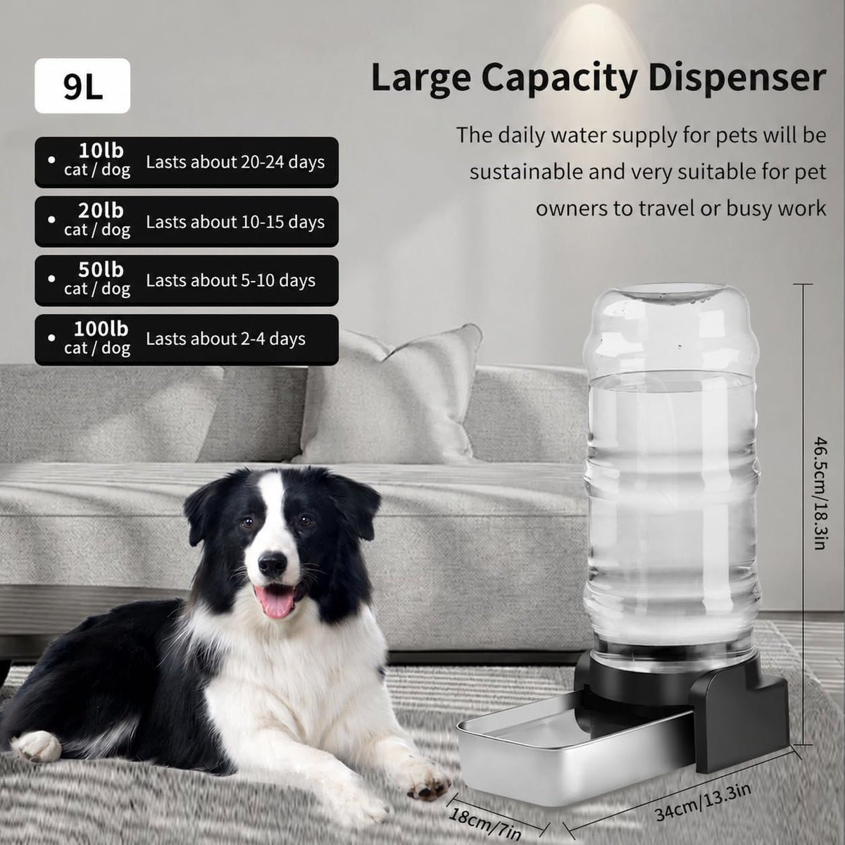 Marchul 9L Dog Water Dispenser, Large Dog Water Bowl Dispenser with Stainless Steel, Automatic Gravity Pet Bowl for Dogs Medium to Large (3 Filters)