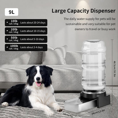 Marchul 9L Dog Water Dispenser, Large Dog Water Bowl Dispenser with Stainless Steel, Automatic Gravity Pet Bowl for Dogs Medium to Large (3 Filters)