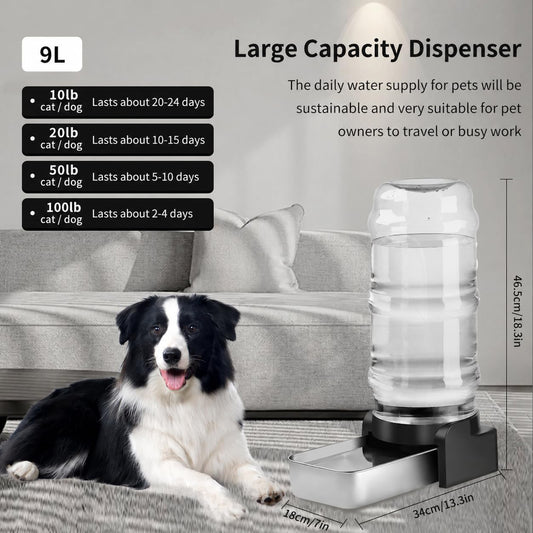 Marchul 9L Dog Water Dispenser, Large Dog Water Bowl Dispenser with Stainless Steel, Automatic Gravity Pet Bowl for Dogs Medium to Large (3 Filters)