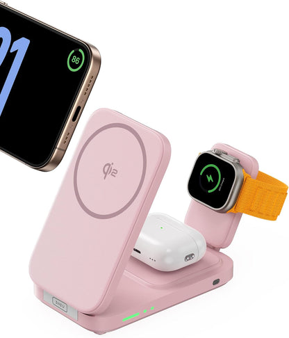 INIU 3 in 1 Wireless Charging Station, Qi2 Certified 15W Travel Charger for Apple Multiple Devices, Foldable Charger Stand for iPhone 16 15 14 13 12 Series Apple Watch AirPods (with Adapter)