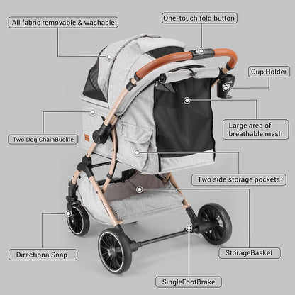 EchoSmile Pet Stroller for Dogs & Cats - One-Touch Foldable Design, Reversible Handle, Shock Absorbing Wheels, Large Pet Carrier Holds 3 Small/Medium Pets (50lbs), Removable Washable Pad & Storage Basket(Gray)
