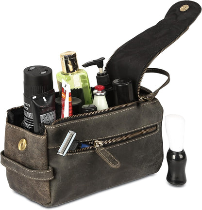 Premium Buffalo Leather Unisex Toiletry Bag Travel Dopp Kit Shaving kit (Distressed Tan)