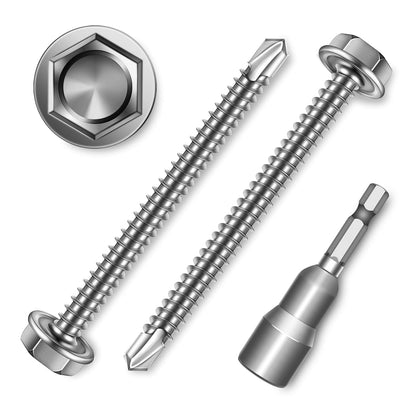 EASTPUK 100Pcs #8 x 1/2" Sheet Metal Screws, 410 Stainless Steel Self Drilling Hex Washer Head Self Tapping Screws for Metal with Drill Bit