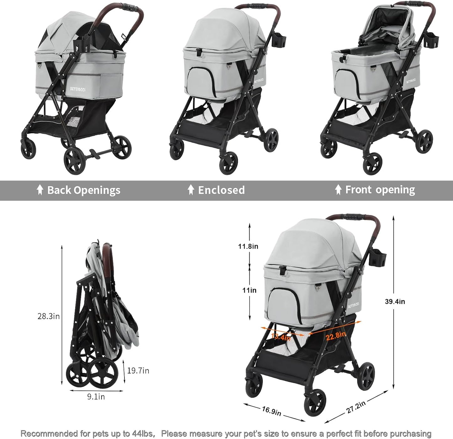 Pet Stroller for Small Medium Dogs Cats with 4 Wheels Grey | NO-ZIP Dog Cat Stroller, Max Load 45 lbs, Easy Folding, Compact Portable
