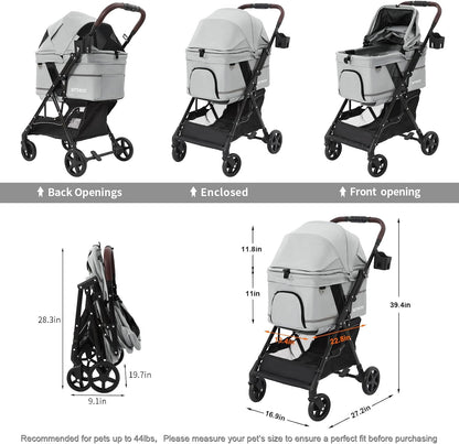 Pet Stroller for Small Medium Dogs Cats with 4 Wheels Grey | NO-ZIP Dog Cat Stroller, Max Load 45 lbs, Easy Folding, Compact Portable