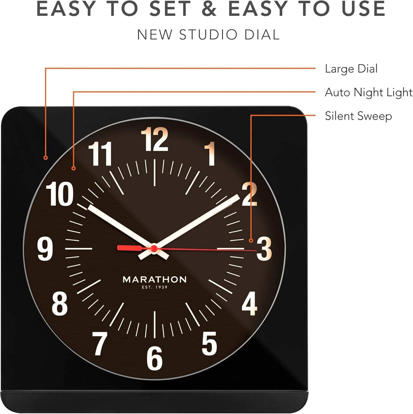 Marathon Studio Edition 12-Inch Jumbo Analog Wall Clock with Auto Night-Light (Model: CL030057-BK-WS-NA)