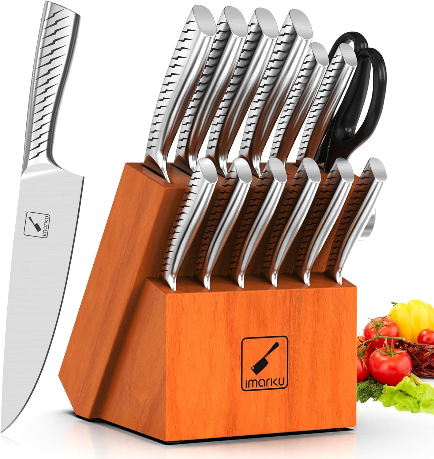 Knife Sets for Kitchen with Block imarku Japanese Knife Set Stainless Steel Kitchen with Block 14pcs, Built-in Sharpener, Sharp Knife Block Set with Non-Slip Ergonomic Handles - Dishwasher Safe