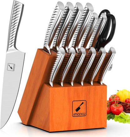 Knife Sets for Kitchen with Block imarku Japanese Knife Set Stainless Steel Kitchen with Block 14pcs, Built-in Sharpener, Sharp Knife Block Set with Non-Slip Ergonomic Handles - Dishwasher Safe