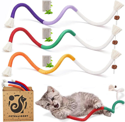 Cat Chew Long Rope Toys(27.5 Inch) 3PCS Refillable Catnip and Silvervine, Interactive Toy for Indoor Cats & Kittens, Safe Dental Chew Toys for Teeth Cleaning & Stress Relief
