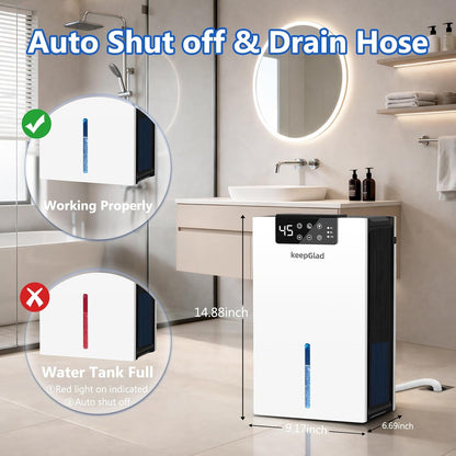 KeepGlad Dehumidifier, 1000Sq.Ft for Home, 98 OZ Dehumidifier for Basement, Quiet Dehumidifiers for Bedroom, Bathroom, RV. Dehumidifiers with Humidity Display, Drain Hose, Auto Shut-Off, Timer, White