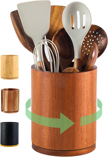 Wooden Utensil Holder | Rotating Utensil Organizer | Kitchen Counter Storage Crock | Farmhouse Countertop Decor | Cooking Utensil Stand - PuriLite
