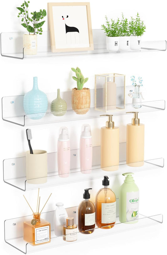 upsimples Clear Acrylic Shelves for Storage, 15" Floating Shelves Wall Mounted for Kids Bookshelf/Display Ledge for Bedroom, Living Room, Bathroom, Kitchen, Set of 4
