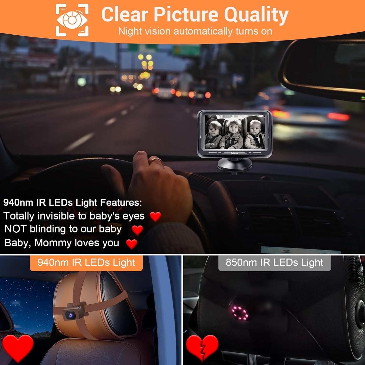 Rohent Baby Car Camera HD 1080P - Rear-Facing Infant Monitor with Night Vision Car Camera for Baby 150° Wide-Angle Lens Anti-Glare Screen Easy Install 360° Adjustable Display