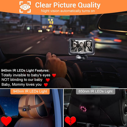 Rohent Baby Car Camera HD 1080P - Rear-Facing Infant Monitor with Night Vision Car Camera for Baby 150° Wide-Angle Lens Anti-Glare Screen Easy Install 360° Adjustable Display