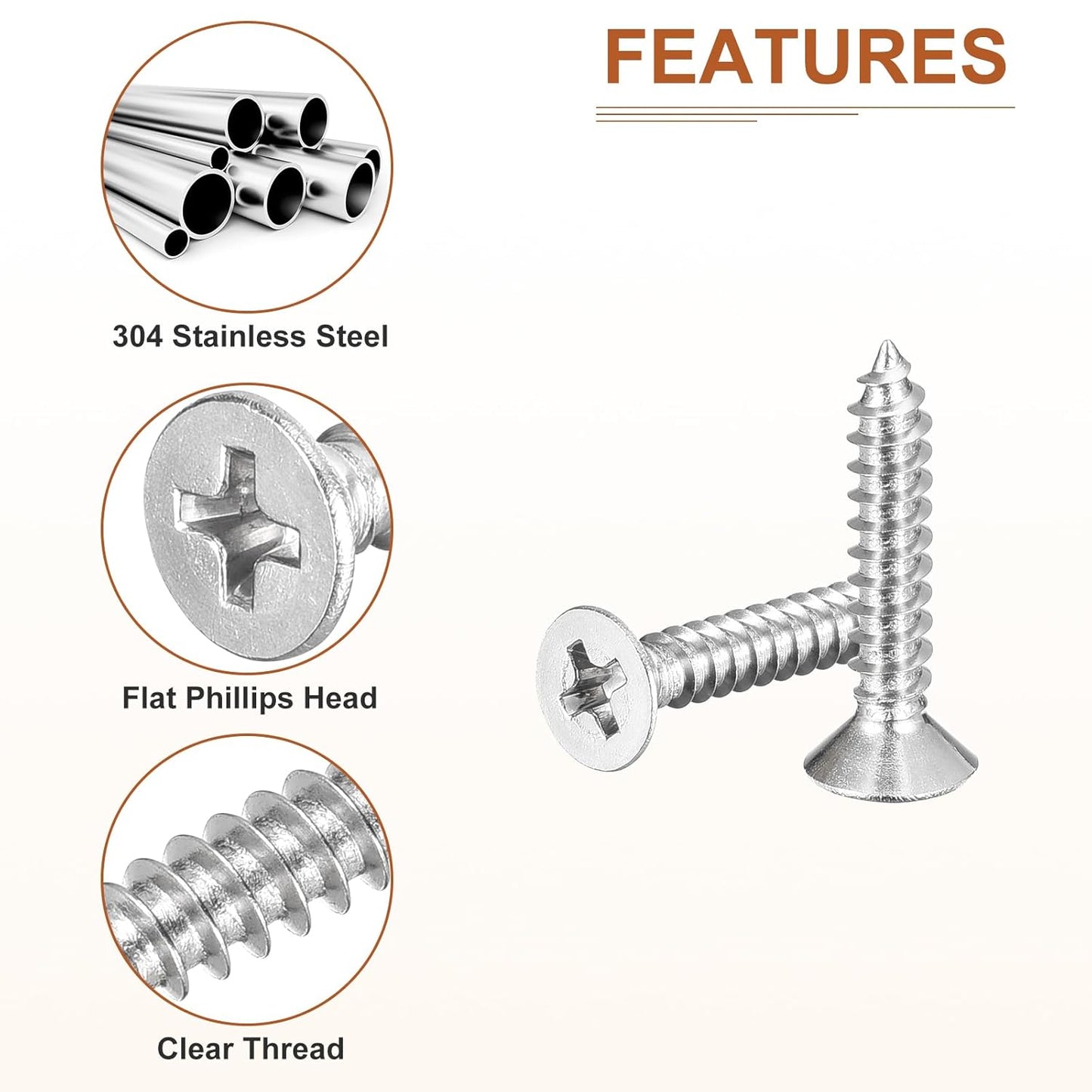 DTGN 100Pcs #6x1/2 Flat Head Wood Screws, 304 Stainless Steel Phillips Self Tapping Screws - Good for Woodworking, Furniture - Silver