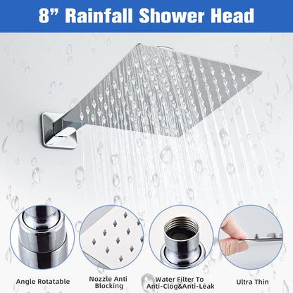 LCEVCGK Shower Faucet Set Complete Matte Black Shower System with 8 inch Square Rainfall Shower Head 3-Function Handheld Shower Waterfall Bathtub Spout Rain Shower Combo Set Bathroom Wall Mounted
