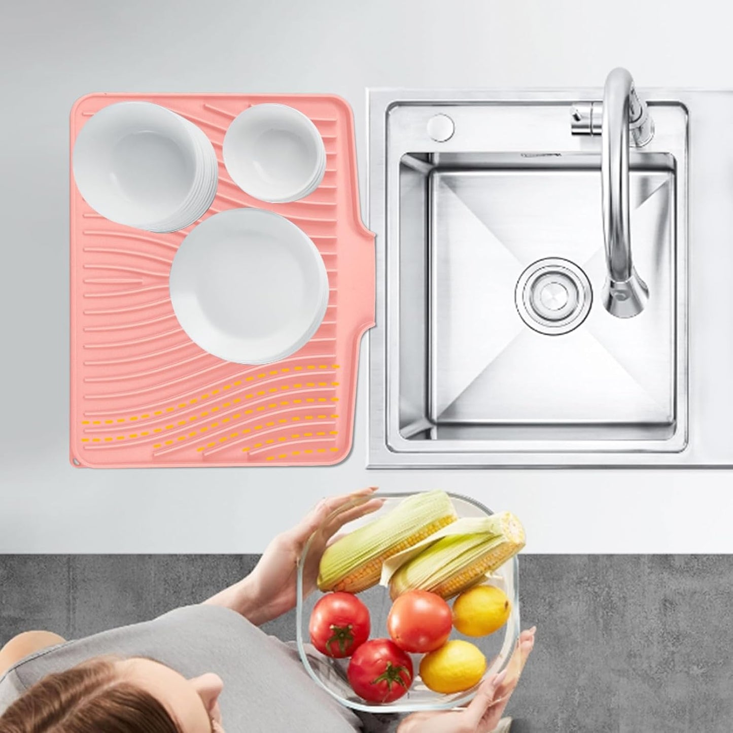 TIKNIK Silicone Dish Drying Mat for Kitchen Counter, Dish Drying Pad, Non-Slip Drain Pad with Built-in Drain, Heat Resistant Stone Drying Mat(40 L x 33 W cm, Grey)