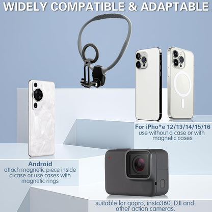 Beviliu Magnetic Neck Phone Holder for Recording, Hands Free POV/Vlog Neck Mount with Chest Strap, Video Filming for Cooking/Riding, Content Creator for iPhone 16 15 14 13 12 Android GoPro Insta360