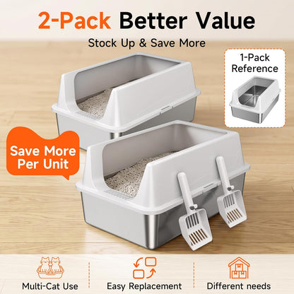 2 Pack XL Stainless Steel Litter Box with High Sides Shield for Multi Cat, Extra Large Tall Wall Open Top Deep Metal Pan for Big Cats, Anti-Leak Non-Stick Odor Control, 2 Scoops Included, Gray