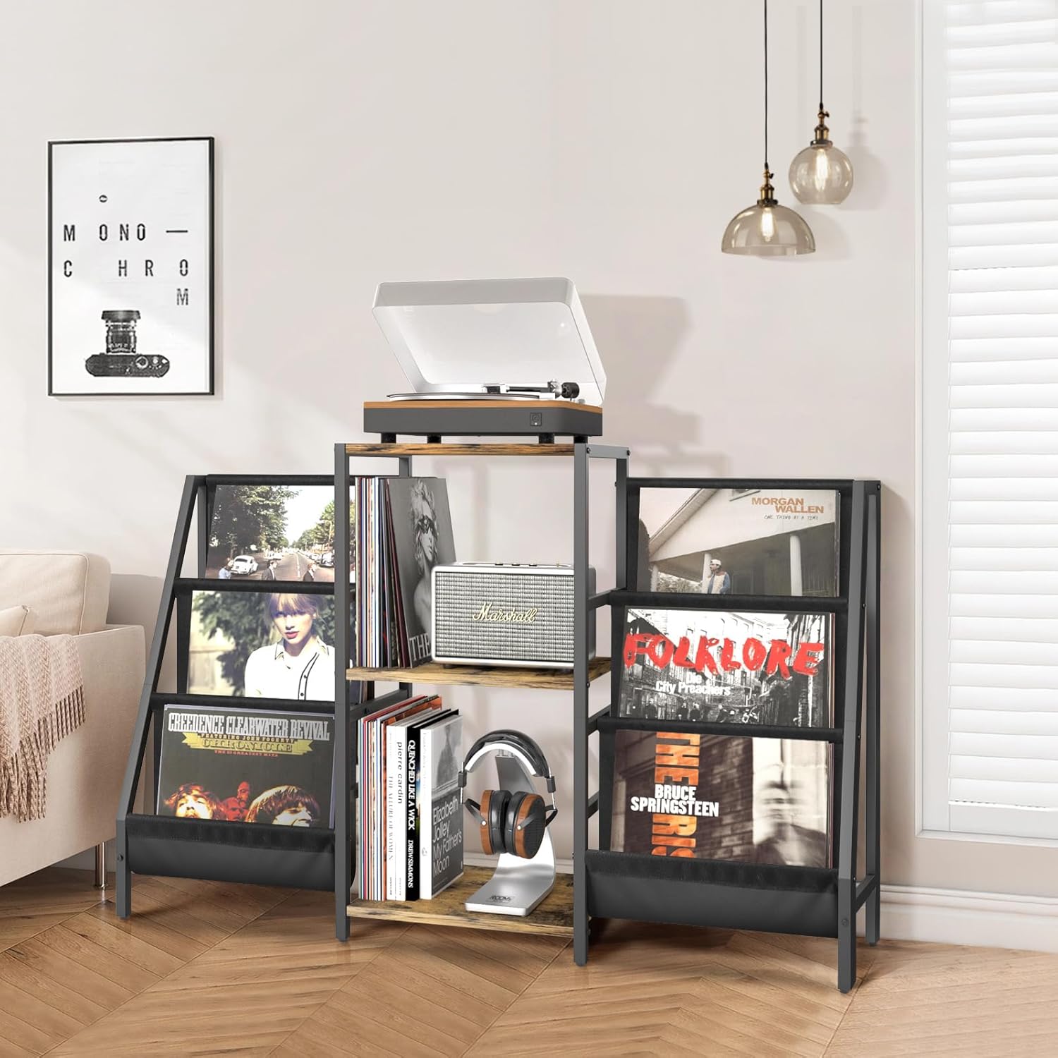 Record Player Stand with Vinyl Storage, Record Player Table with Record Storage 200 Albums, Turntable Stand with Record Holder Vinyl Display Shelf, Record Cabinet Media Stereo (White) - PuriLite