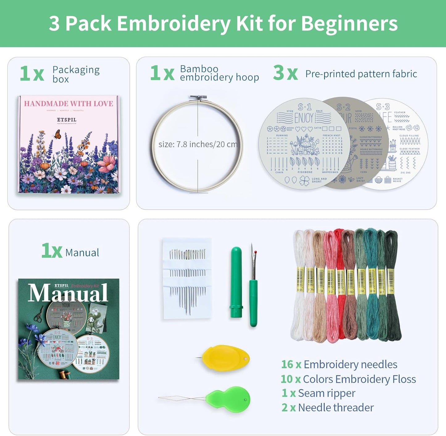 Purilite Select 3 Pack Beginner Embroidery Kits