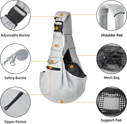 Cuby Adjustable Dog Cat Sling Padded Hard Bottom Pet Carrier Sling Soft Carrying Puppy Bag for Small Dogs Cats Outdoor Travel (Grayish-White)