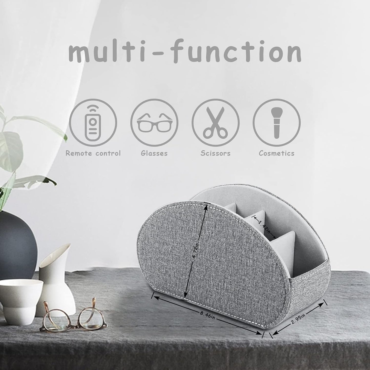Tv Remote Holder Tray with 5 Compartments,PU Leather Remote Control Holder/Caddy Nightstand Decoration,Placed Media Remote Storage Box/Glasses/Makeup Brush/Office Products/Desktop Organizer (Grey）