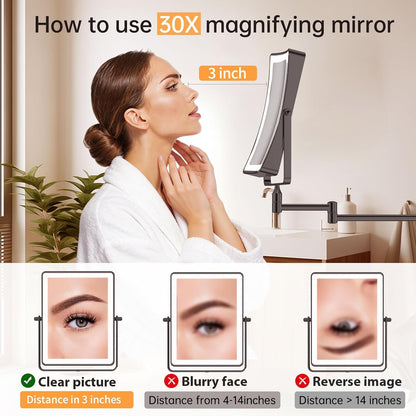 FASCINATE Rechargeable Wall Mounted Makeup Mirror, 8.7" Double Sided Touch Switch 1X 30X Rectangle Magnifying Mirror with Light, 3 Color Setting, Extended Arm 360° Swivel Foldable Black