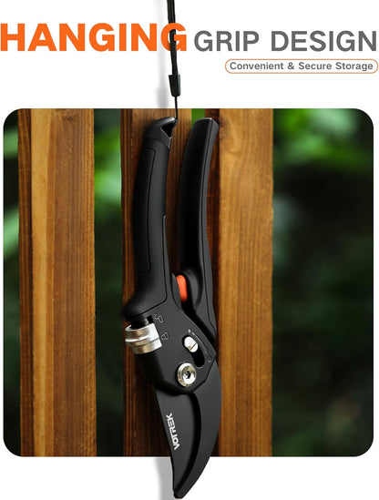 VOTREK Pruning Shears - 8.5" Heavy Duty Bypass Pruners for Gardening with Built-in Spring & SK5 Steel Blades - Ergonomic Adjustable Handle for All Hand Sizes, Garden Clipper Plant Scissors for Branch