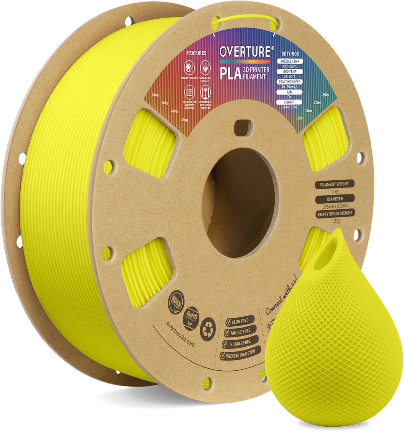 OVERTURE PLA Filament 1.75mm PLA 3D Printer Filament, 1kg Cardboard Spool (2.2lbs), Dimensional Accuracy +/- 0.02mm, Fit Most FDM Printer (Black 1-Pack)
