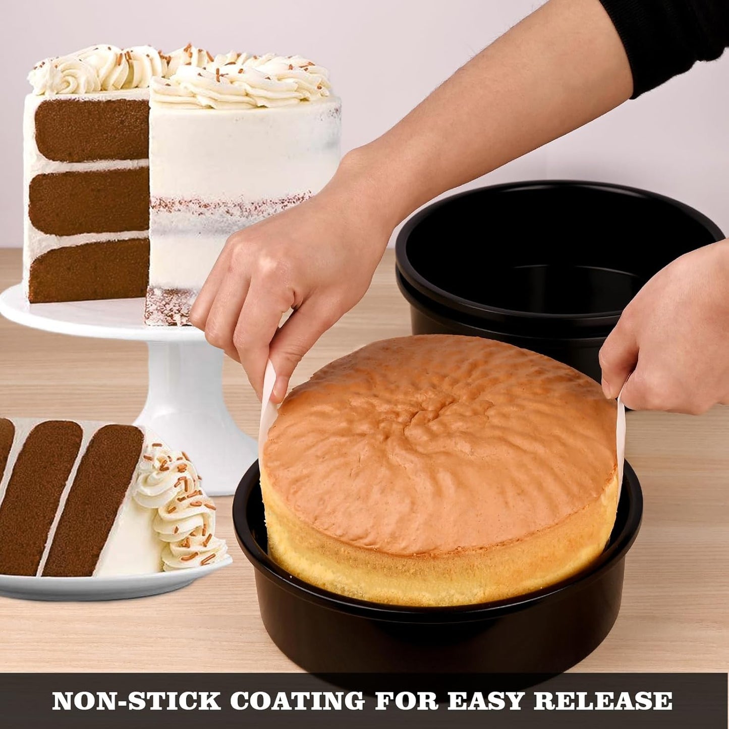 Purilite Select 3-Pack 8-Inch High Carbon Steel Cake Pans with 100 Parchment Papers